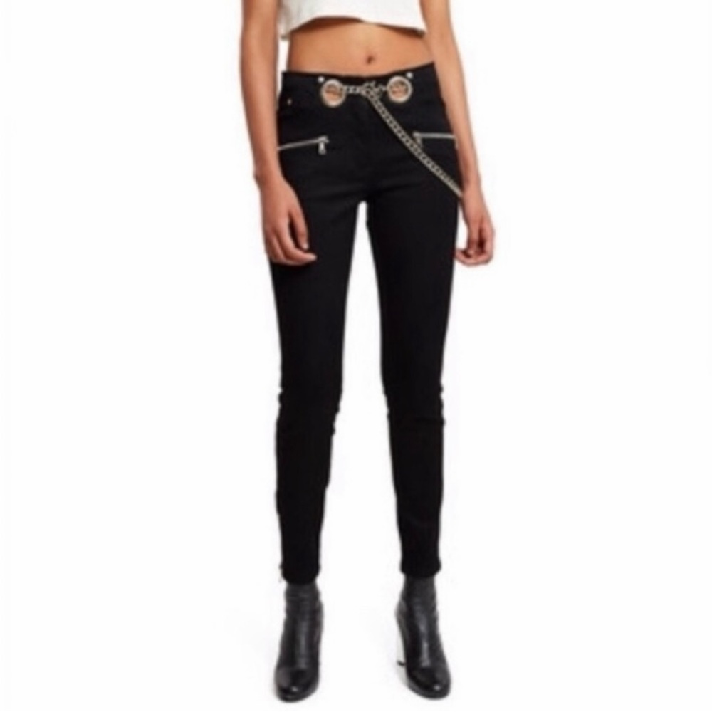 Miaou Roxi Women’s Black Jeans Silver Tone Zippers & Metal Chain NEW W TAG Sz 23